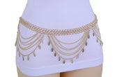 Multi Strand Side Waves Leaf Charms Metal Chain Belt